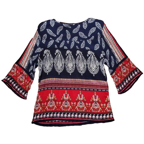 BILA Tunic Top Womens M Blue Red Floral Boho Peasant 3/4 Sleeve Tassel Paisley - Picture 9 of 14
